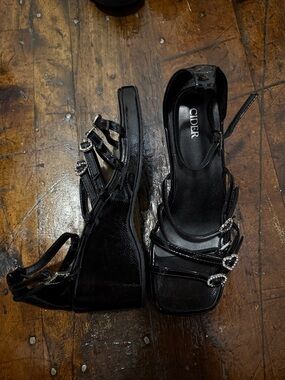 Cider Black Patent Wedge Sandals with Rhinestone Buckle Straps